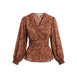 Sofia Jeans Womens Ruched Waist Top Size S Brown Marble Patina Peplum Blouse